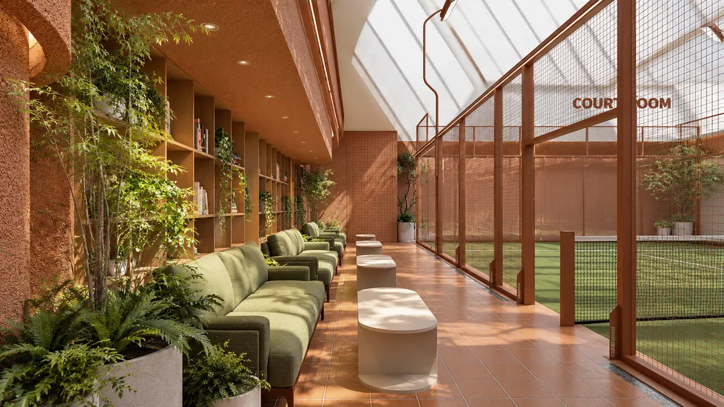 Courtroom Jagakarsa, Jakarta: the terracotta lounge with shelving beside the padel courts