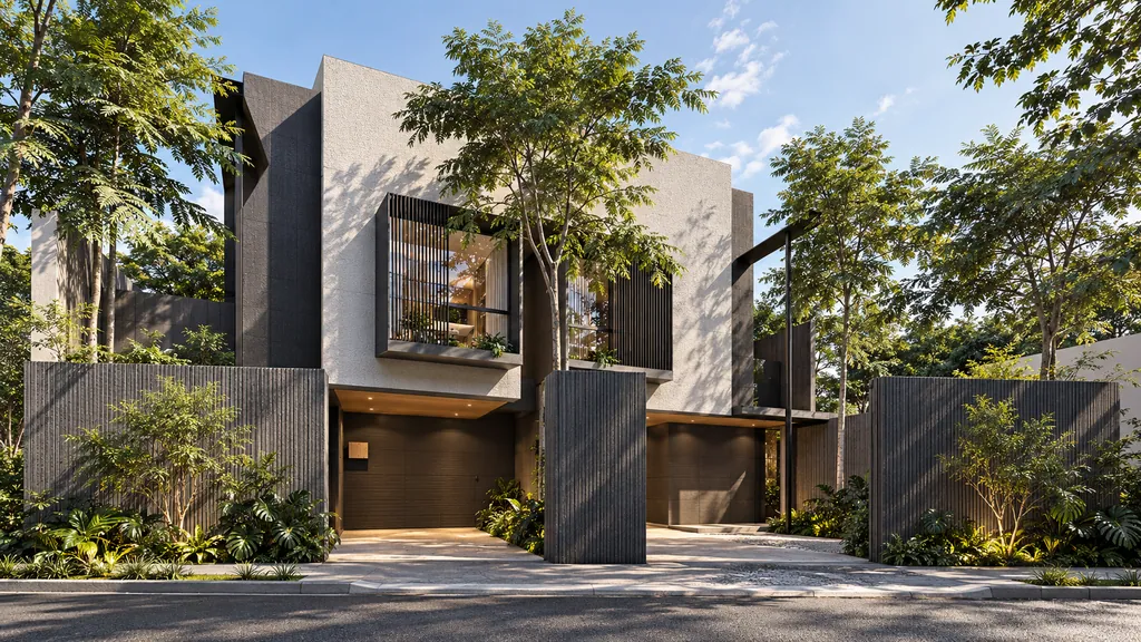 SH House, Bandung: the street facade with a framed window box and planting