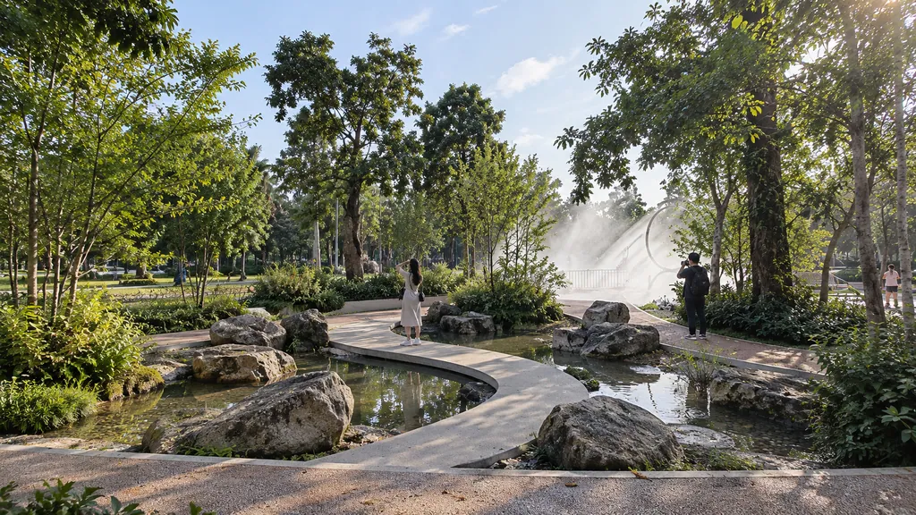 Enchanting Valley, Bogor: a curved path between rocks, water and a mist fountain in the park