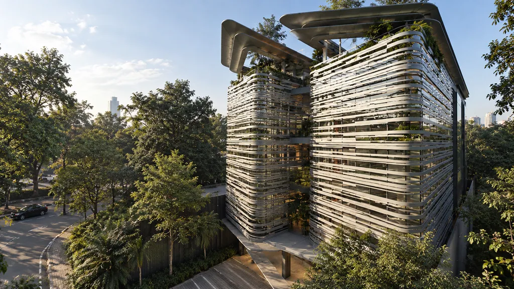 Metro Rent Office, Jakarta: louvered facade towers among trees