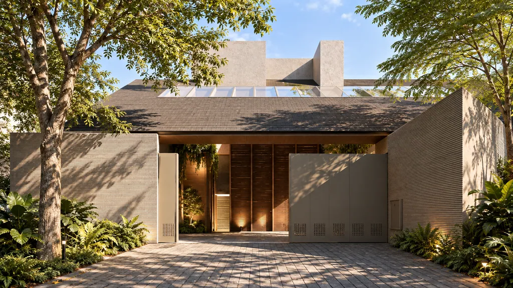 Fukaki House, Bandung: the entrance court between textured walls and planting