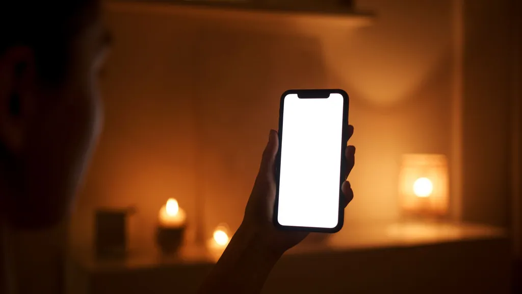 A phone held in a warmly lit room