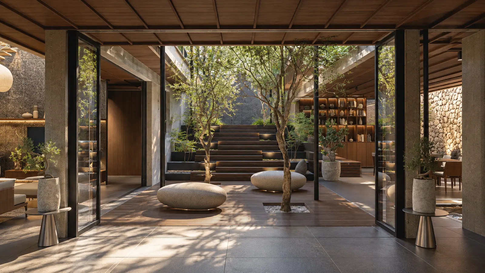 SC House, Bogor: the open-air court with a tree, stepping stones and the stair