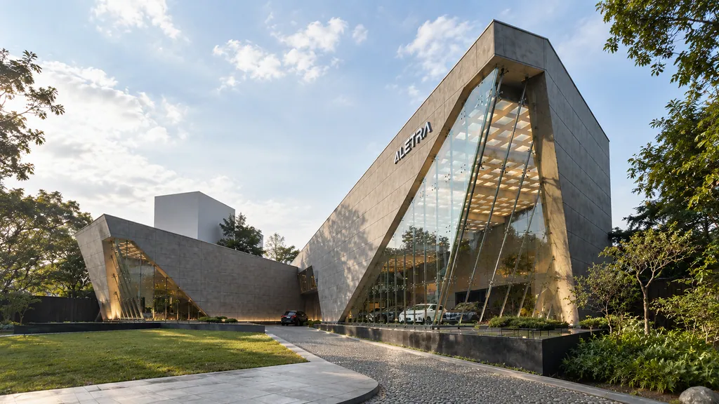 Aletra Alam Sutera, Tangerang: the angular glazed showroom volume and its forecourt