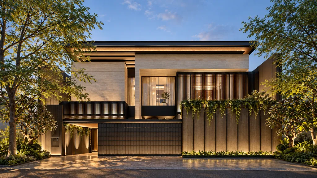 Arsaterra, Jakarta: the timber-screened facade and planted frontage in warm evening light