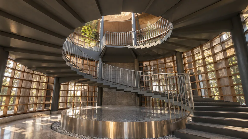 Enchanting Valley, Bogor: a spiral staircase rising through the round pavilion