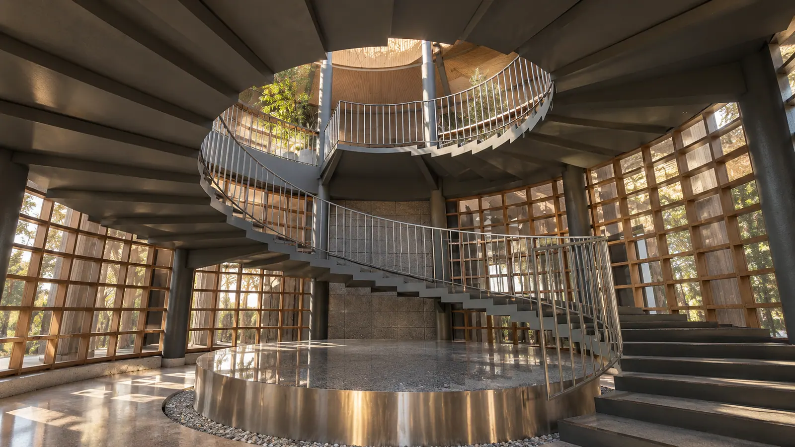 Enchanting Valley, Bogor: a spiral staircase rising through the round pavilion