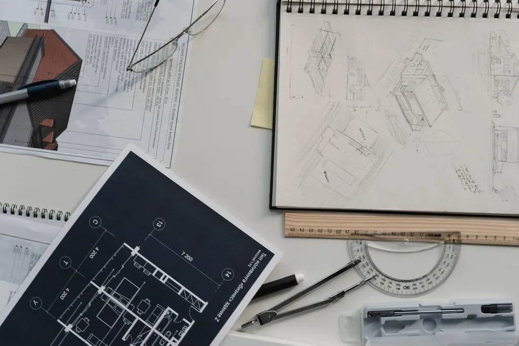 Sketchbook, plans and drawing tools on a desk