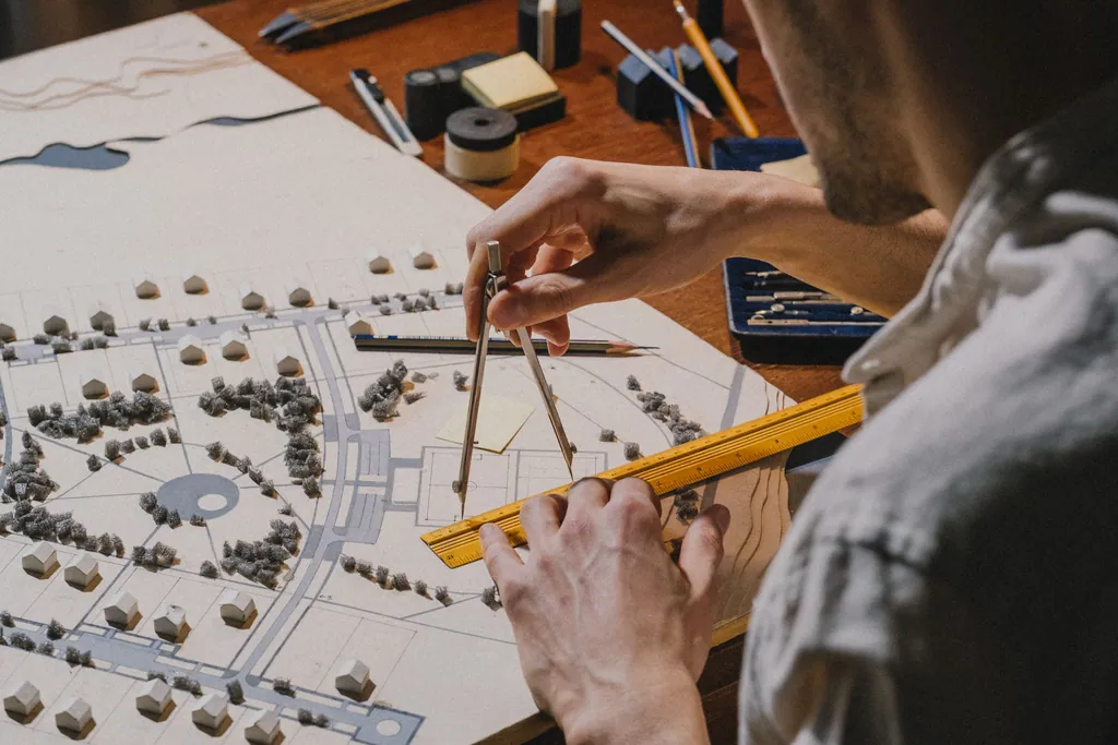 An architect measuring a district model with a compass