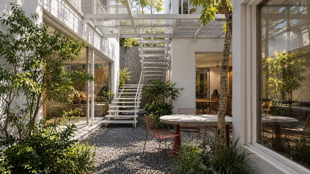 Sierra Villa, Bandung: the planted court with a white steel staircase